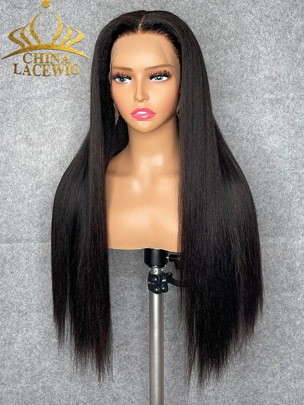 Chinalacewig Custom Wig Yaki Straight 13x6 Lace Frontal Wig Bleached Knots Human Virgin Hair C013