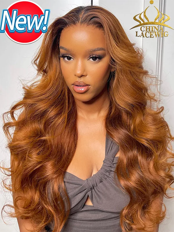 Chinalacewig Ombre Black Root Scottish Ginger Orange Color Human Hair Body Wave Transparent Lace Front Wigs NCF096