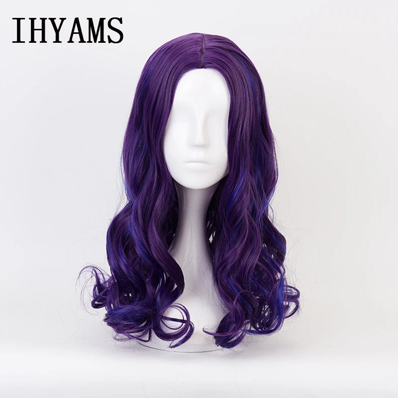 Descendants 3 Mal Wig Adult 50cm Long Curly Purple Blue Synthetic Hair Fashion Costume Cosplay Wigs for Women + Wig Cap