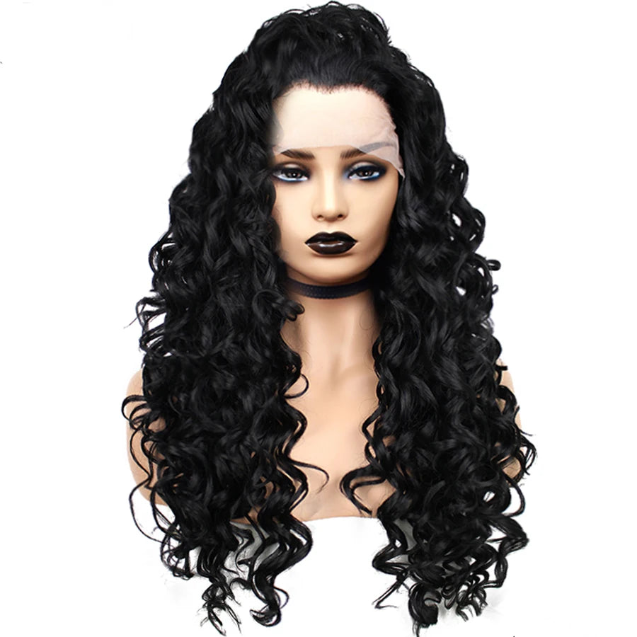 Sassy Diva Transformation: Curly Long Lace Front Wig for Feminine Flair (Black or Blonde)