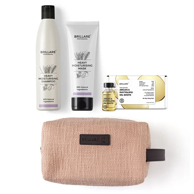 Heavy Moisturising Shampoo, Conditioner & Oil Shots with Pink Pouch Combo